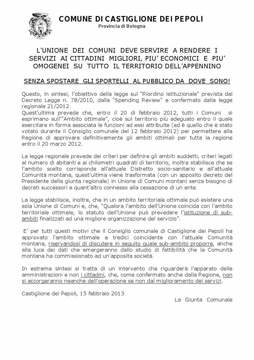 Comunicato Giunta su Unione